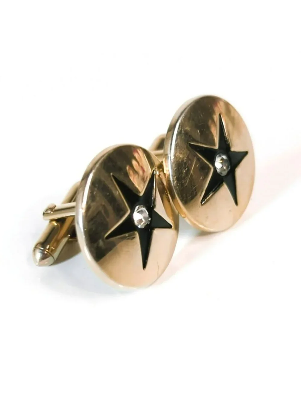 Vintage Swank Gold-Tone Black Star Starburst Round Cufflinks Rhinestone Accent